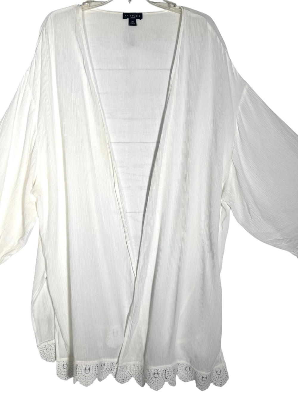 I N STUDIO Womens White Open Front Kimono Cardigan Plus Size 2X Crochet Trim